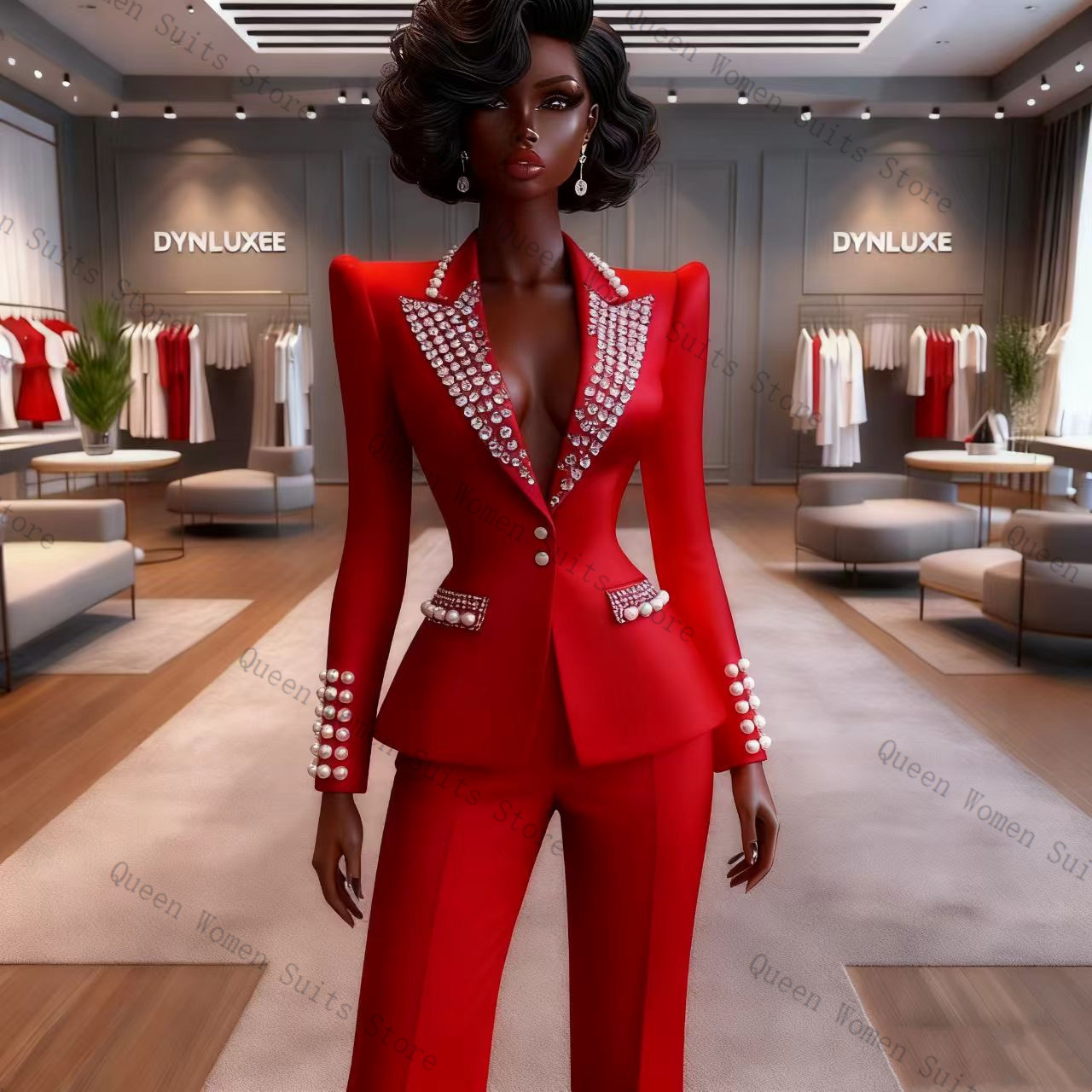 Women Formal Wear For Wedding - Pearls Red Women Suit Pants Set