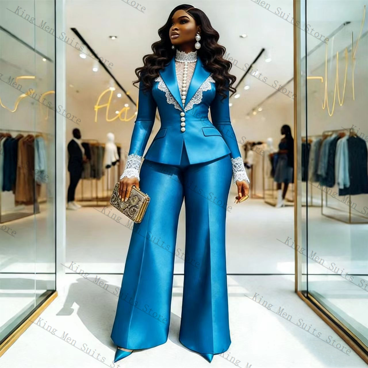 Women Formal Wear For Wedding - Blue Satin Lace Women Suit Set