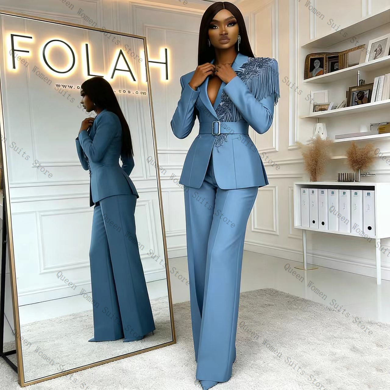 Women Formal Wear For Wedding - Tassel Blue Women Suit Pants Set