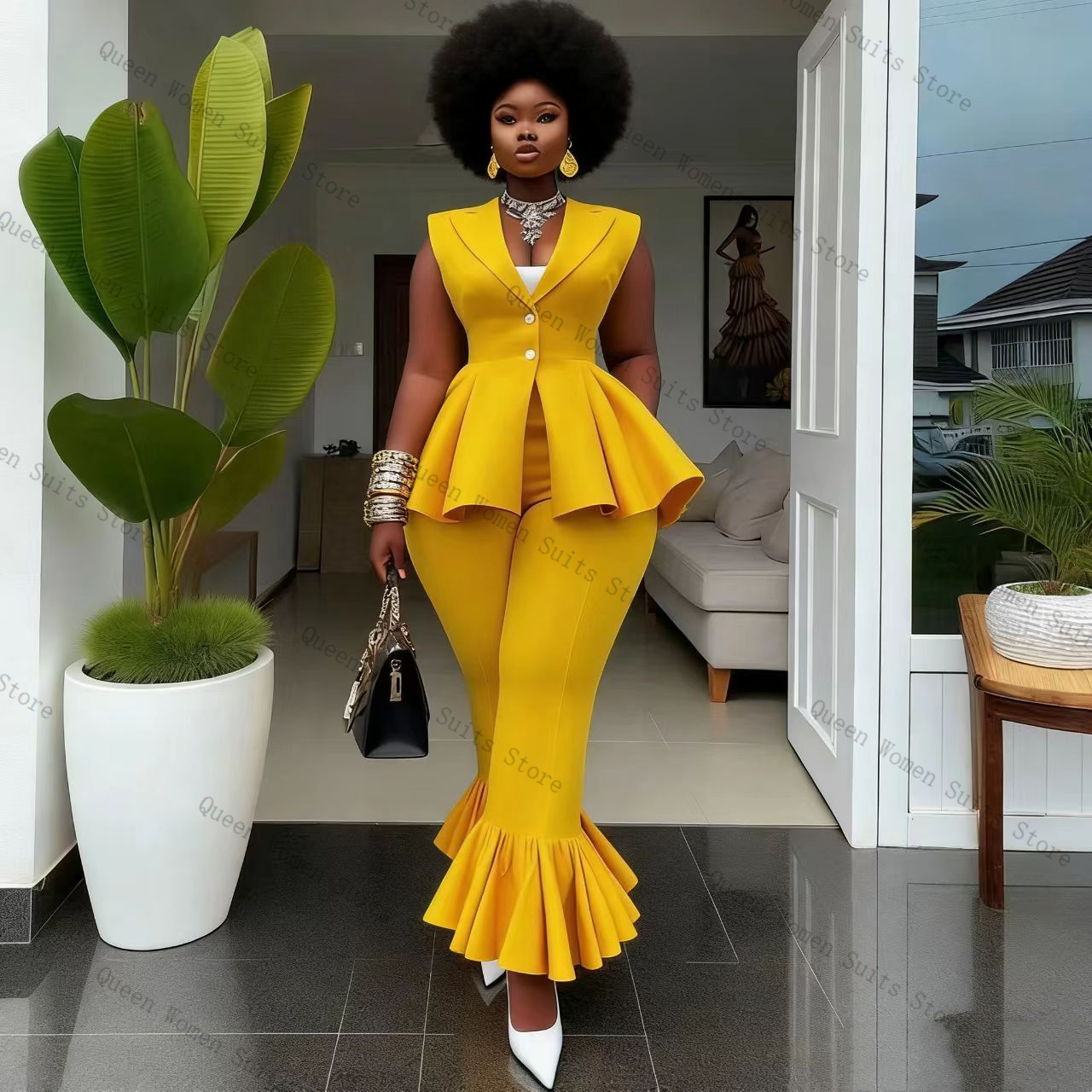 Women Formal Wear For Wedding - Yellow Women Suit Pants Set 2