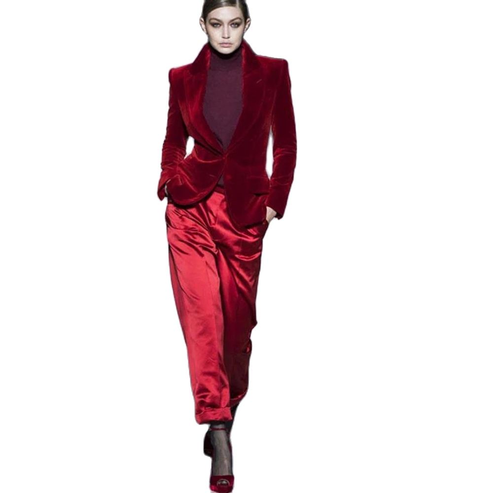 Women Formal Wear For Wedding - Women Pant Suits Wine Red Velvet