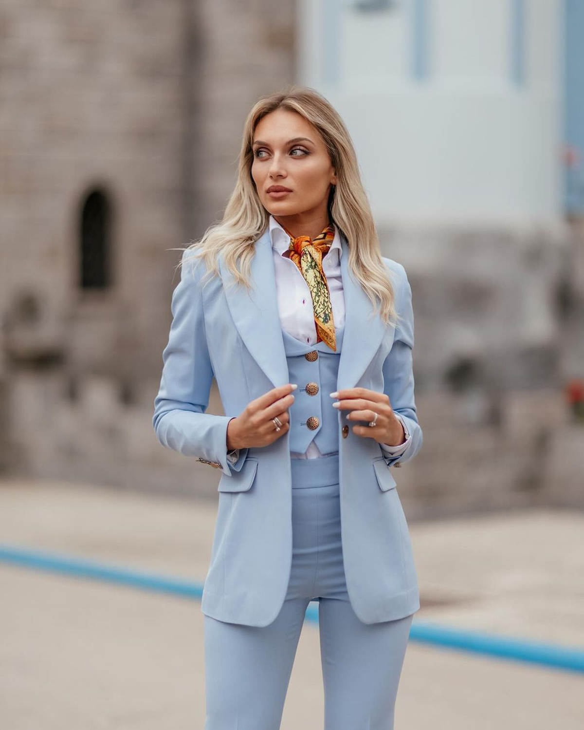 Women Formal Suits Sky Blue Pe - Women Formal Wear With Tie のレビューと価格