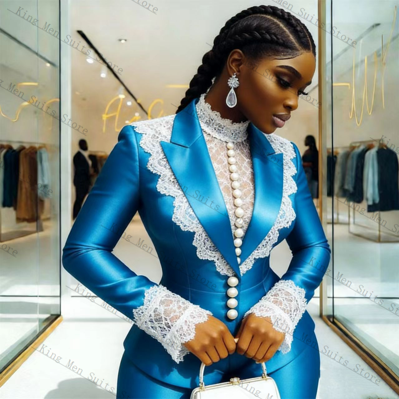 Blue Satin Lace Women Suit Set - Women Formal Wear For Wedding のレビューと価格