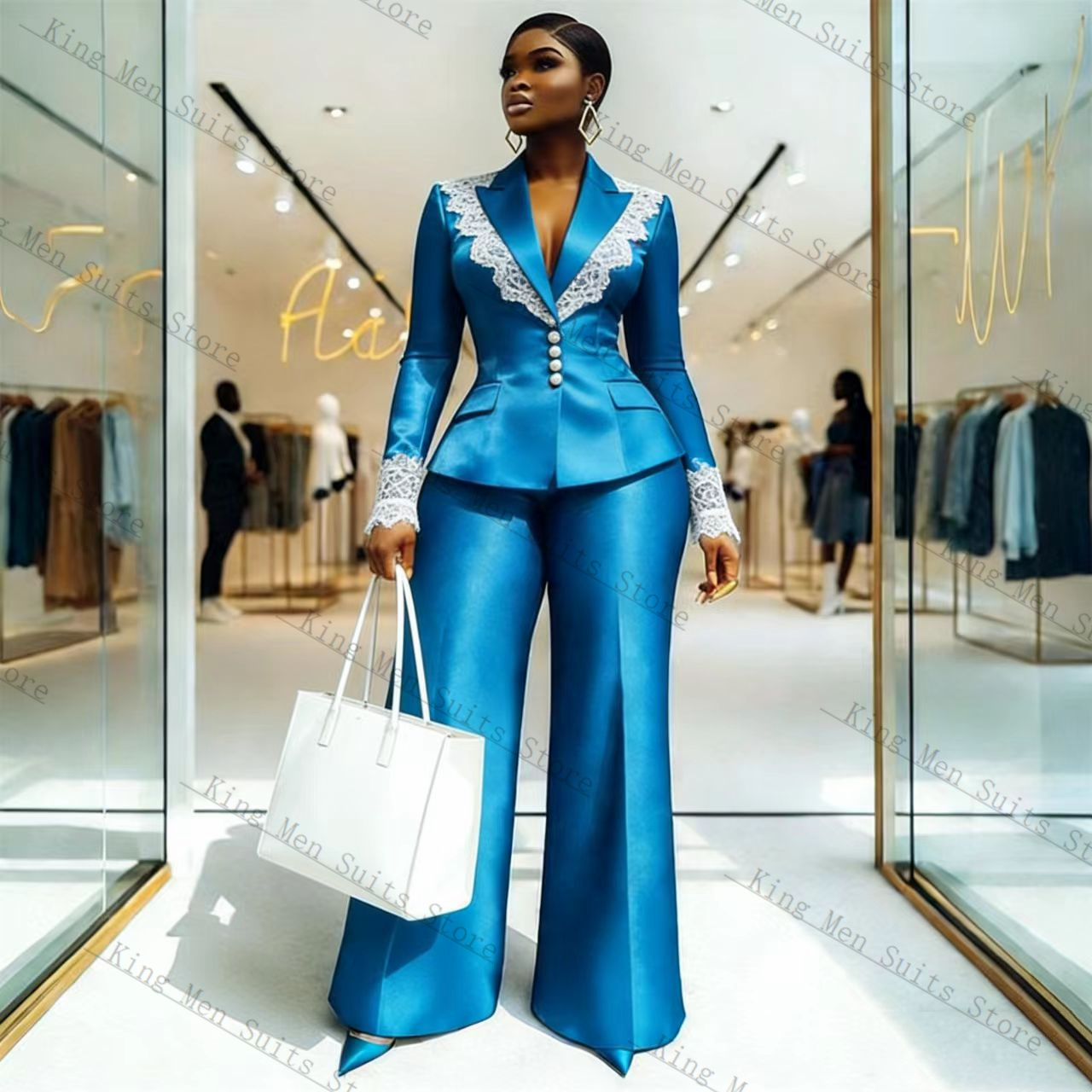 Blue Satin Lace Women Suit Set - Women Formal Wear For Wedding のレビューと価格