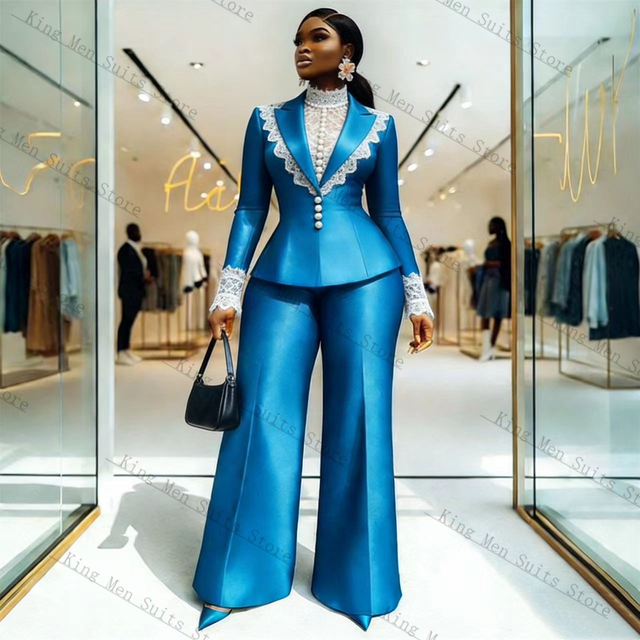 Blue Satin Lace Women Suit Set - Women Formal Wear For Wedding のレビューと価格