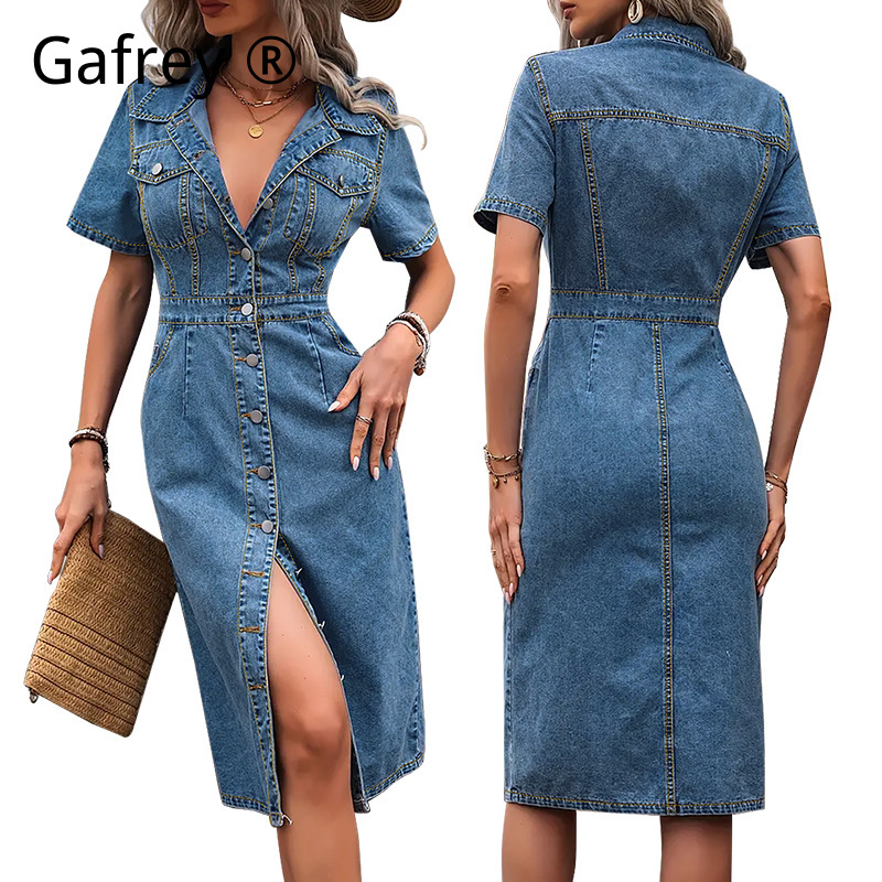 Plus Size Women Lapel Denim Dr - Women Formal Wear For Summer のレビューと価格