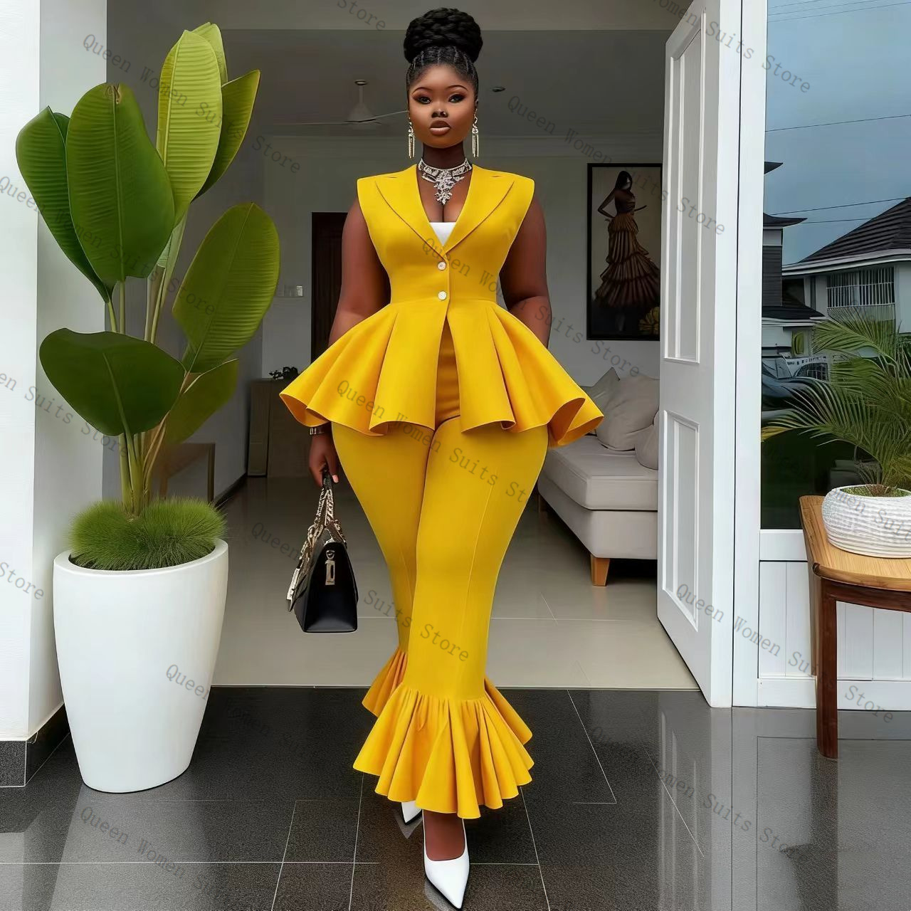 Yellow Women Suit Pants Set 2  - Women Formal Wear For Wedding のレビューと価格