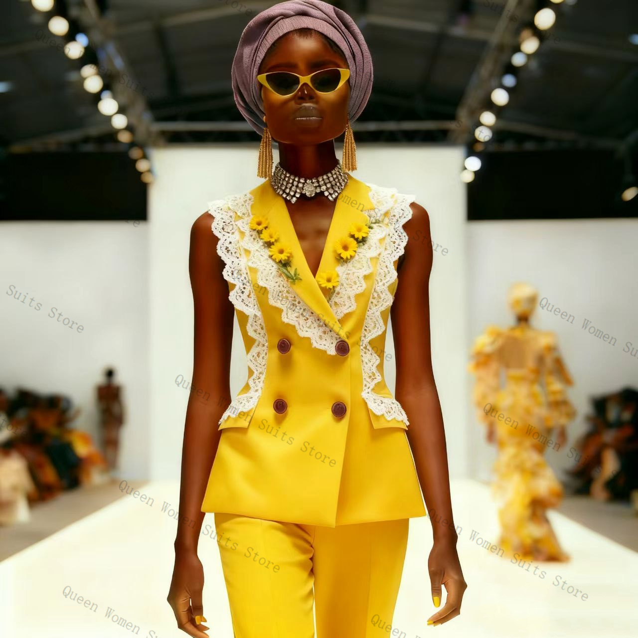 Yellow White Lace Women Suit P - Women Formal Wear Vest のレビューと価格