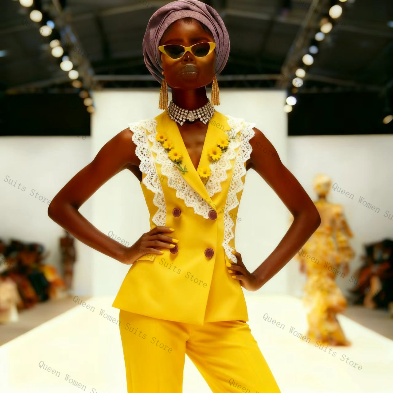 Yellow White Lace Women Suit P - Women Formal Wear Vest のレビューと価格