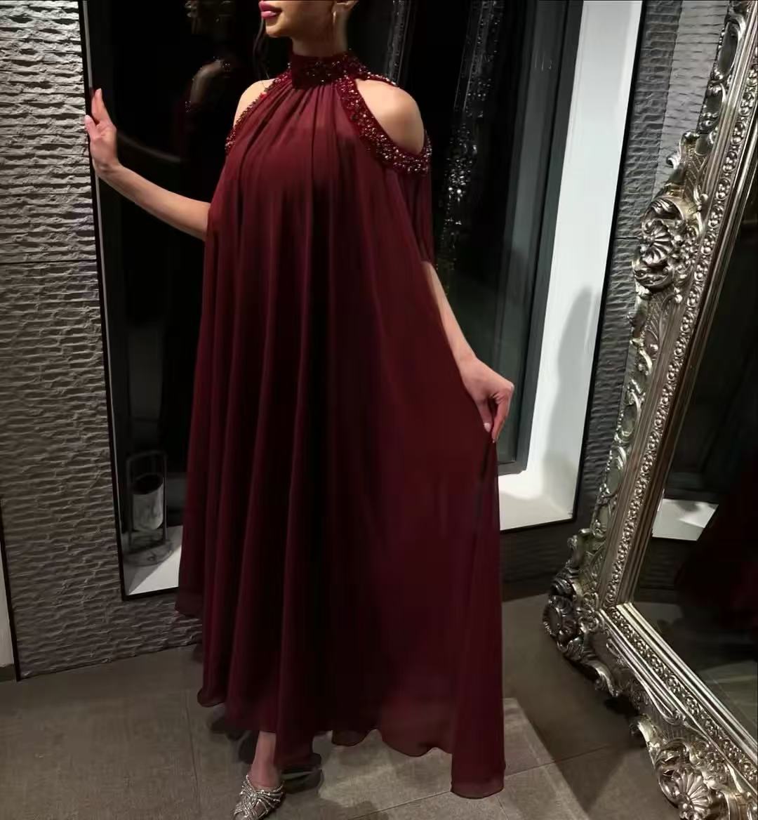 Customized Saudi Burgundy Prom - Women Formal Wear With Tie のレビューと価格